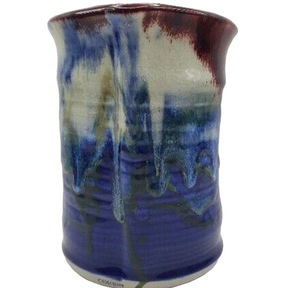 Red Blue Studio Art Pottery Vase Drip Large Stoneware Ceramic Holder Iowa Corbin - Picture 3 of 12